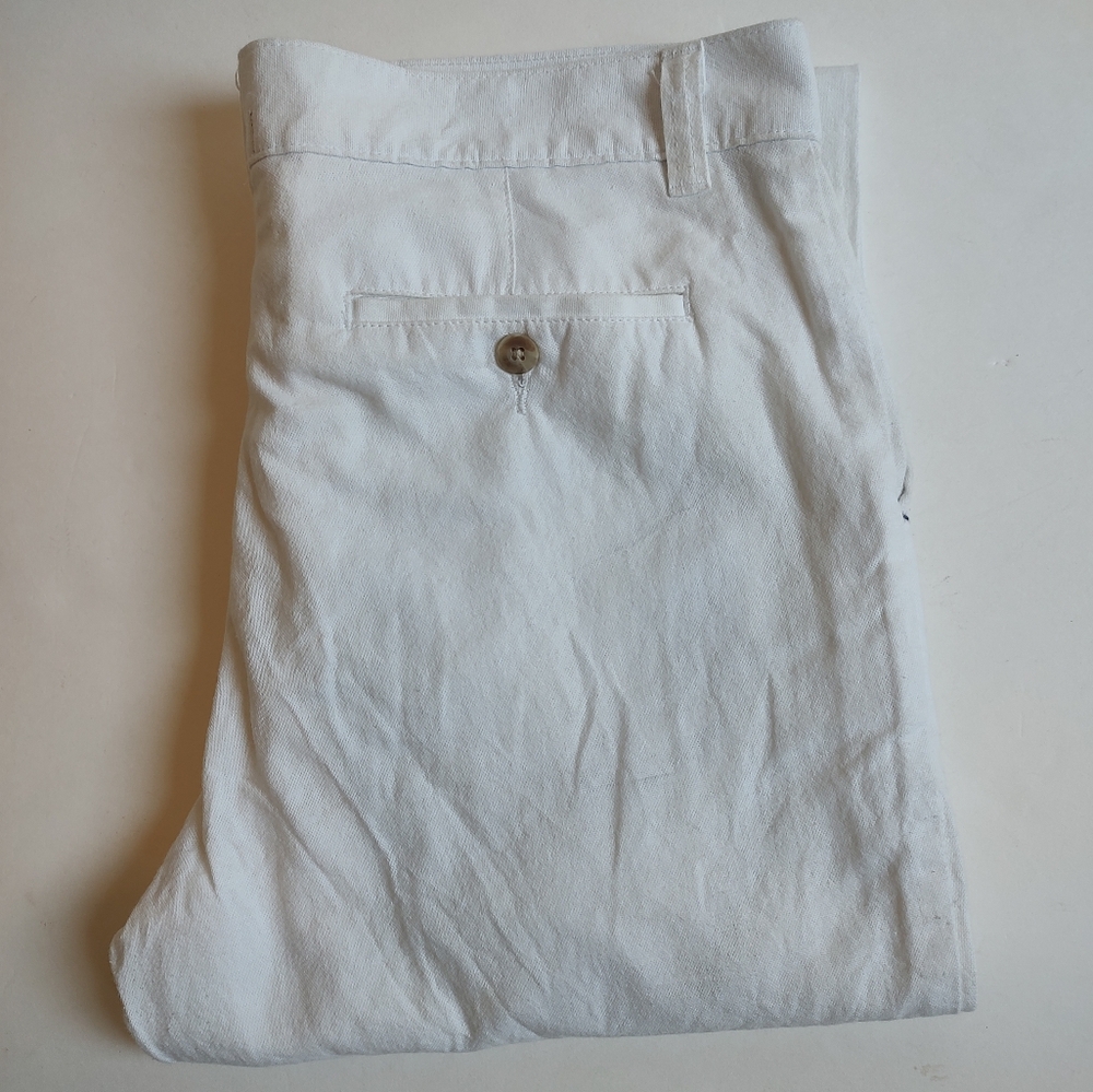 Patprimo Men's Cotton White Pants Pockets Summer Buttons Tapered Leg 34